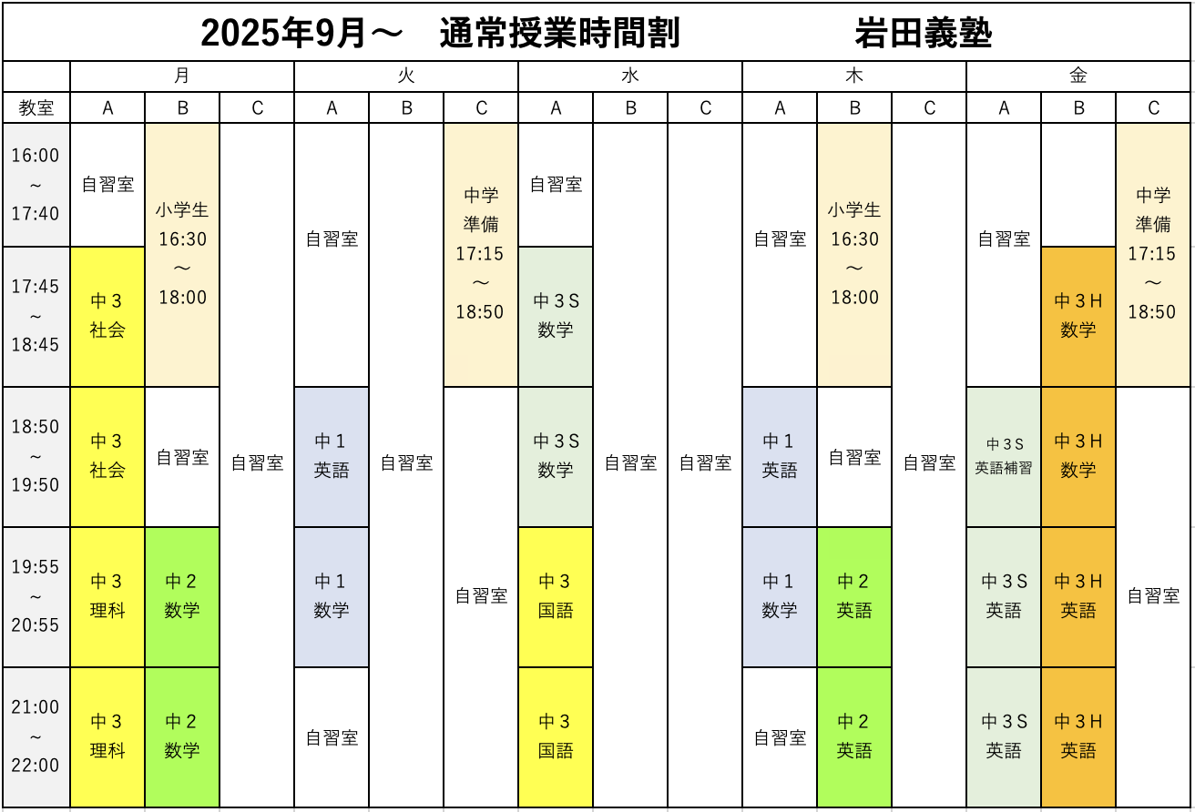 2025年9月〜時間割